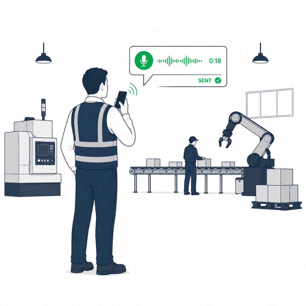 Operator sending a voice note on a factory floor with conveyor and robotics